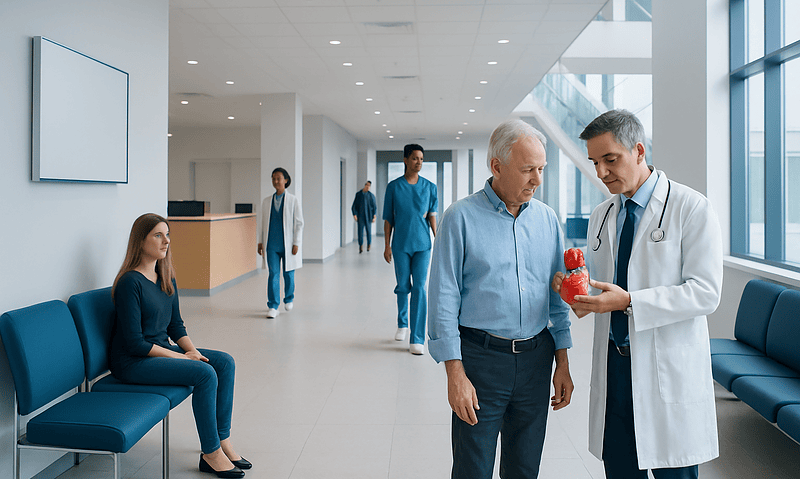 Doctor explaining heart model to patient in hospital corridor.