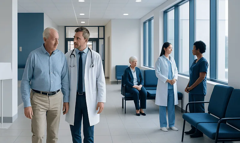 Medical professionals and elderly patients in a hospital corridor.