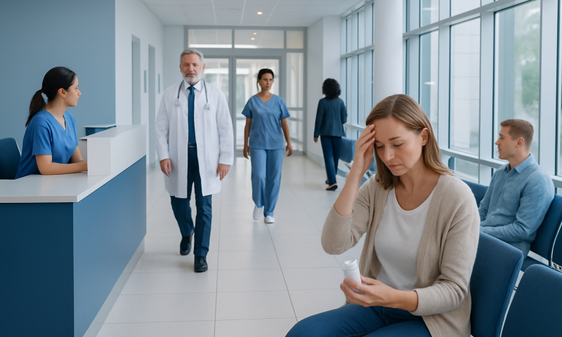 Patient experiencing headache in hospital waiting area with medical staff nearby.