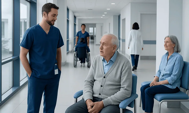 Healthcare professionals consulting elderly patients in hospital corridor.