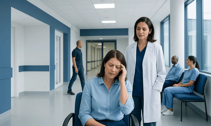 Woman with headache in hospital corridor with medical staff and patients.
