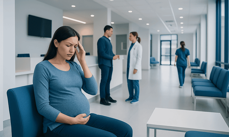 Pregnant woman experiencing headache in hospital waiting area.