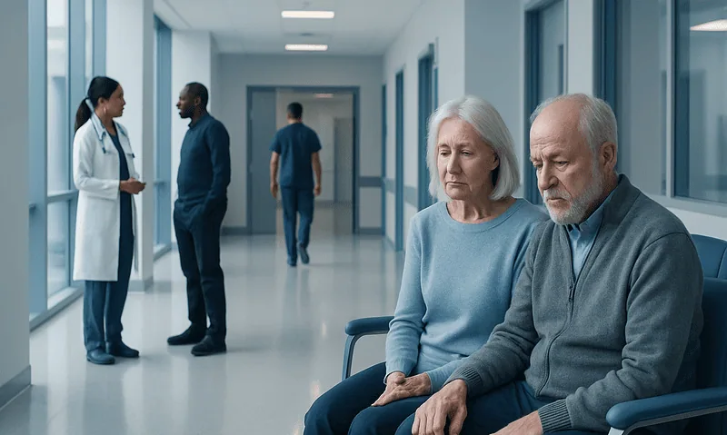 Elderly couple waiting in hospital corridor for medical consultation.