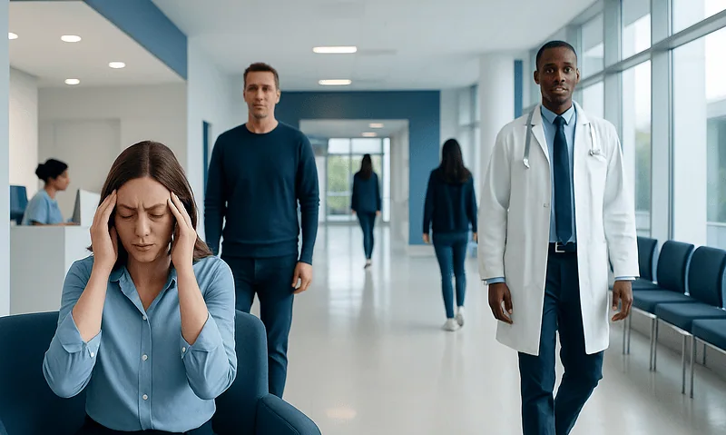 Woman with headache in hospital waiting area with doctor and visitors.