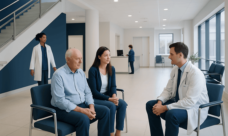 Doctor consulting with elderly patient and family in hospital lobby.