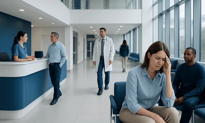 Patients waiting in a modern hospital lobby with medical staff nearby.