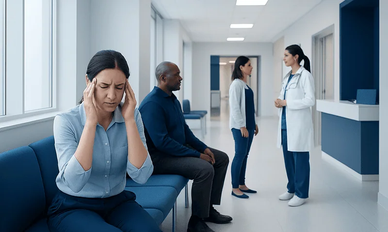 Patient with tension headache in hospital waiting area.