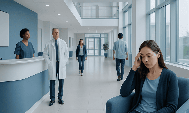 Patient experiencing headache in hospital waiting area with medical staff nearby.