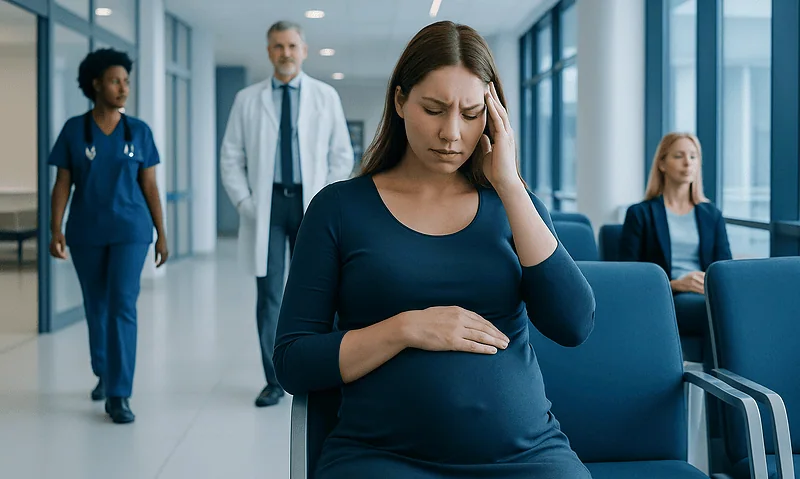 Pregnant woman experiencing headache in hospital corridor.