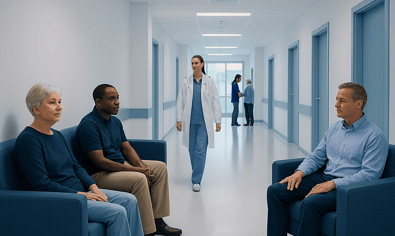 Patients waiting in a hospital corridor with medical staff nearby.