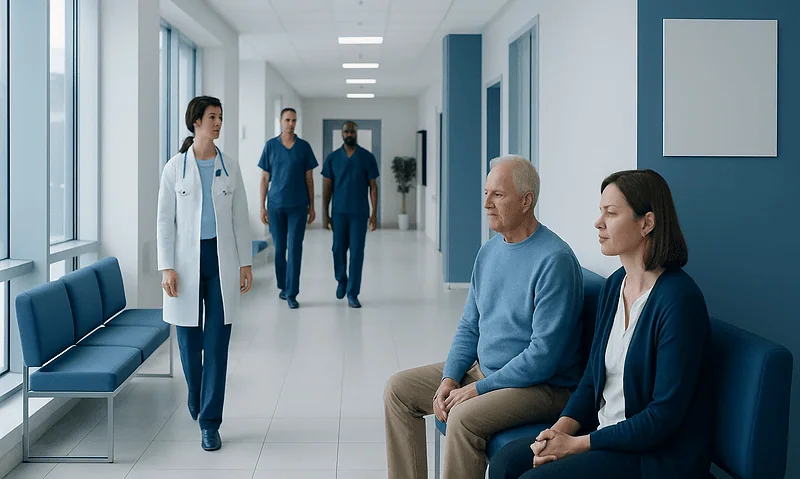 Patients waiting in a hospital corridor with medical staff nearby.
