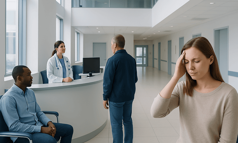 Patient consulting with doctor at hospital reception desk.