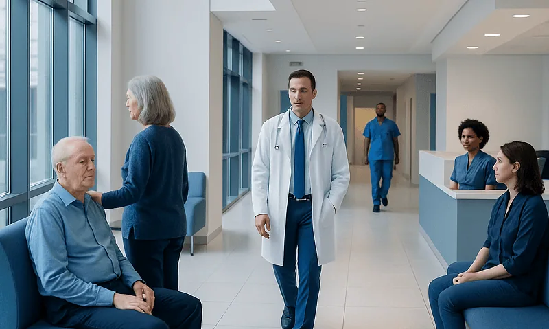 Hospital corridor with doctors and patients in a modern healthcare facility.
