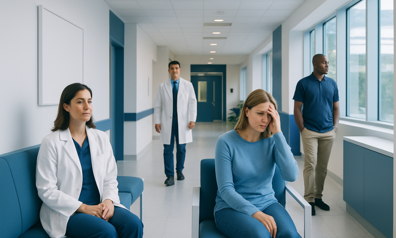 Patients and doctors in a hospital corridor, one patient appears stressed.