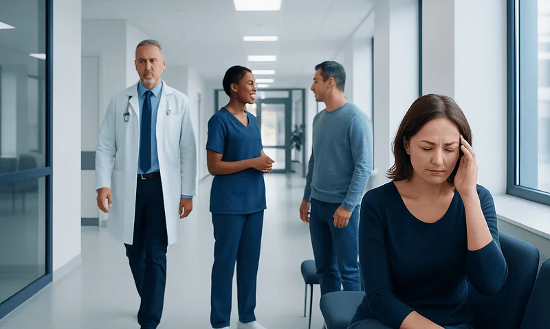 Woman with headache in hospital corridor during migraine attack.