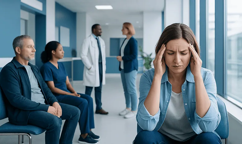 Woman with headache in a hospital waiting area with medical staff nearby.