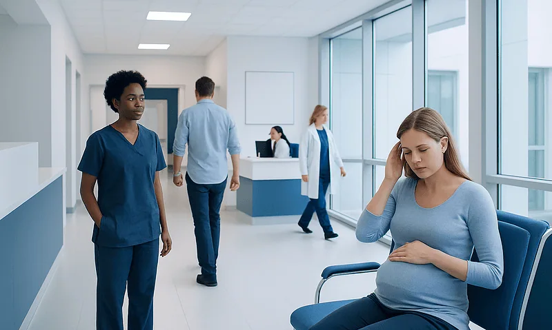 Pregnant woman experiencing headache in hospital waiting area.