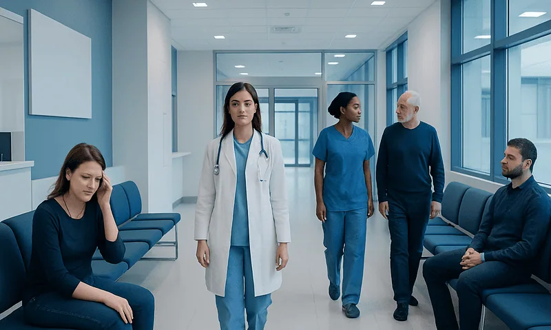 Medical team and patients in a hospital corridor.