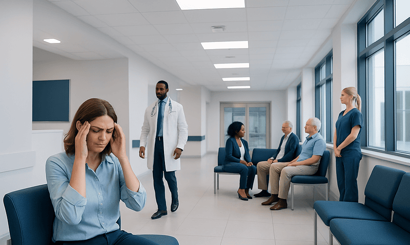 Woman with headache in a hospital waiting area with doctors and patients.