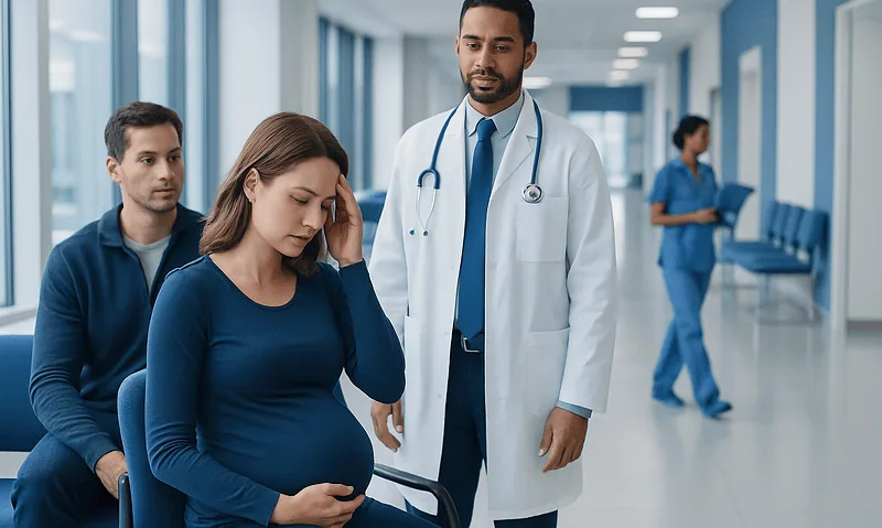Pregnant woman consulting with doctor in hospital corridor.