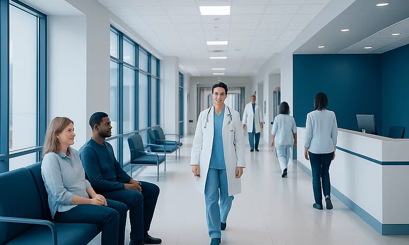 Healthcare professionals and patients in a modern hospital corridor.