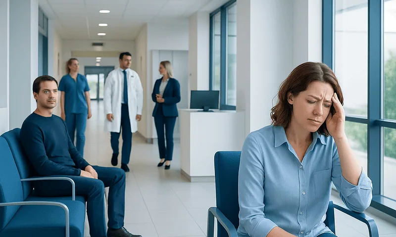 Patient experiencing headache in hospital waiting area with medical staff nearby.