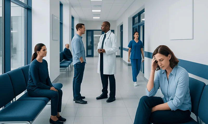 Patients waiting in a hospital corridor with a doctor talking to a visitor.