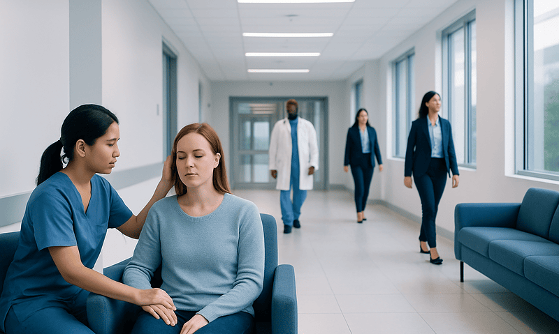 Medical professional examines patient with headache in hospital corridor.