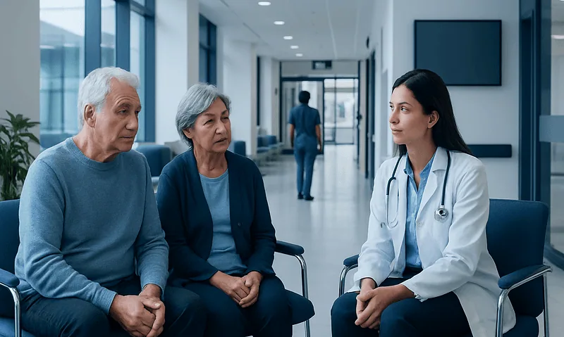 Doctor consulting with elderly patients in a hospital corridor.