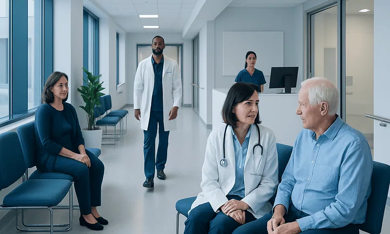 Medical consultation in a modern hospital corridor with patients and doctors.