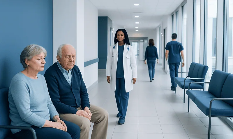 Older adults waiting in a hospital corridor with medical staff nearby.