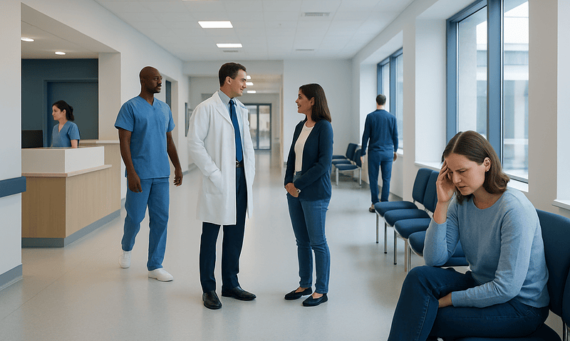 Medical staff and patient in hospital corridor at Acibadem Hospitals Group.