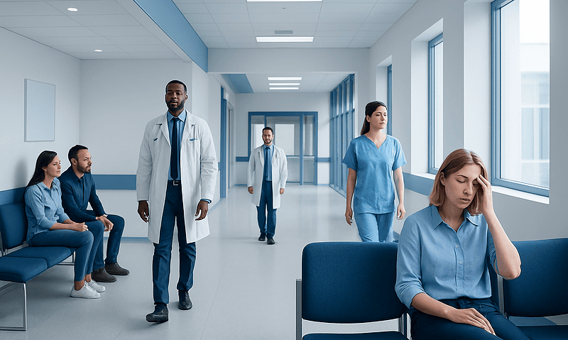 Patients and doctors in a hospital corridor, woman with headache in foreground.