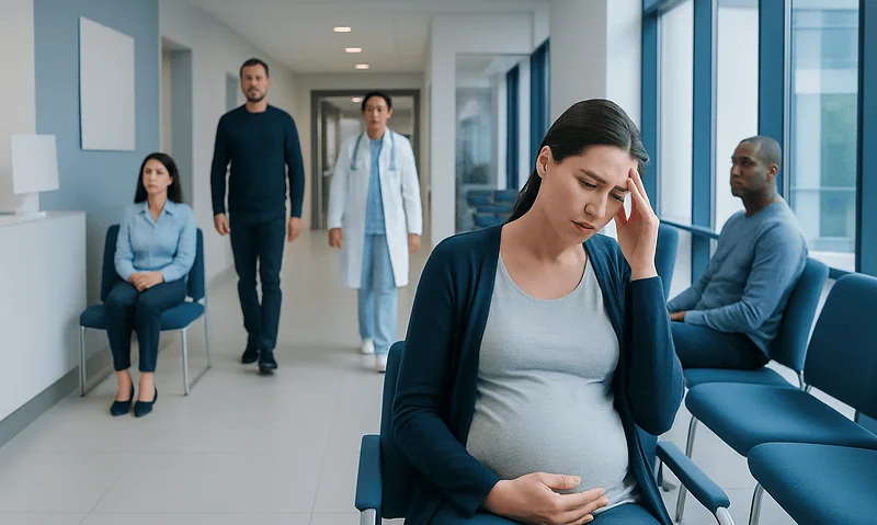 Pregnant woman experiencing headache in a hospital waiting area.