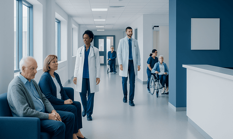 Medical staff and patients in a modern hospital corridor.