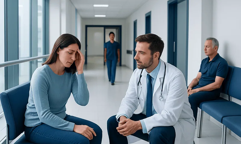 Doctor consulting a woman in a hospital corridor during a migraine consultation.