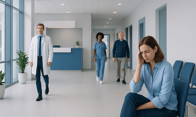 Patient experiencing headache in hospital corridor with medical staff nearby.