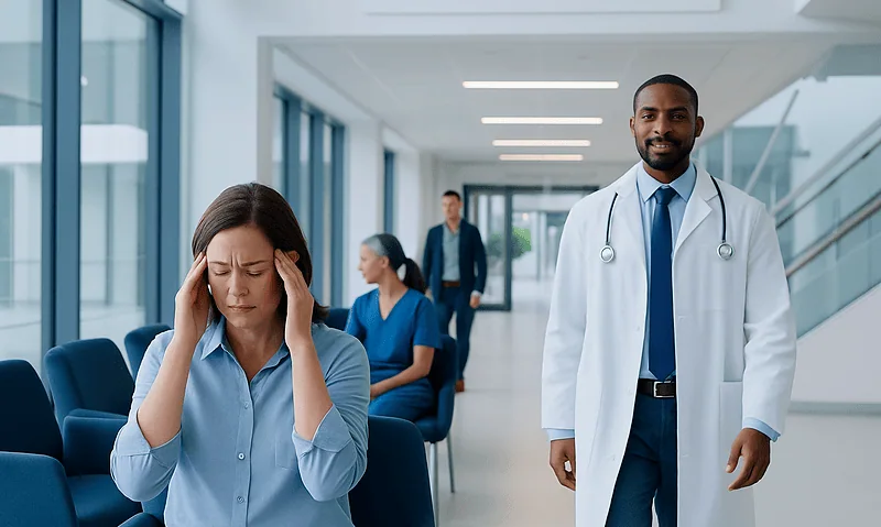 Patient experiencing headache in a hospital corridor with medical staff nearby.