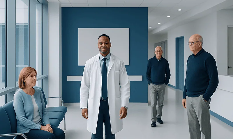 Doctor with elderly patients in a hospital corridor at Acibadem Hospitals Group.