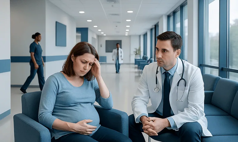 Doctor consulting with pregnant woman in hospital corridor.