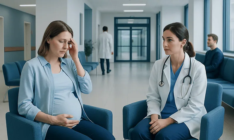 Pregnant woman consulting with a doctor in a hospital corridor.