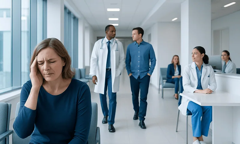Woman with headache in hospital waiting area, healthcare professionals nearby.