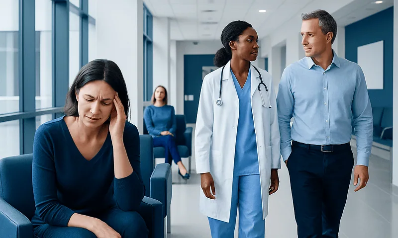 Patient experiencing headache in hospital corridor with medical staff nearby.