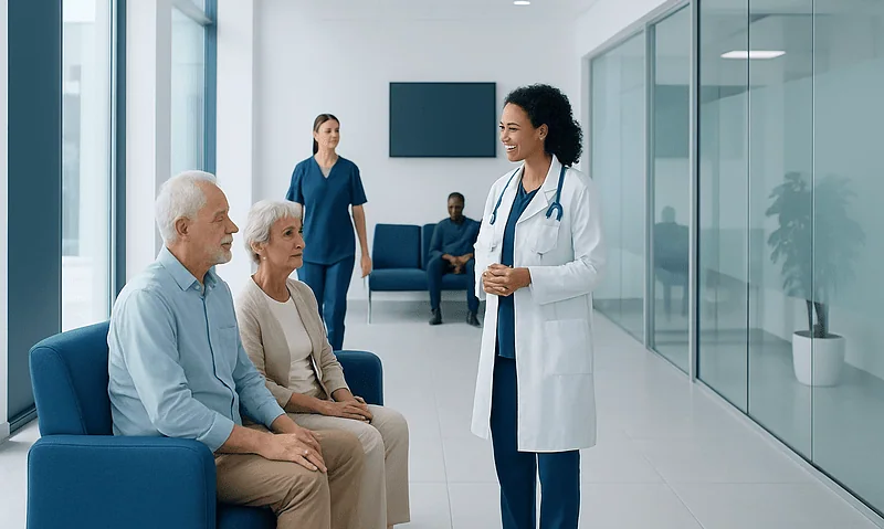 Doctor consulting elderly patients in a modern hospital waiting area.
