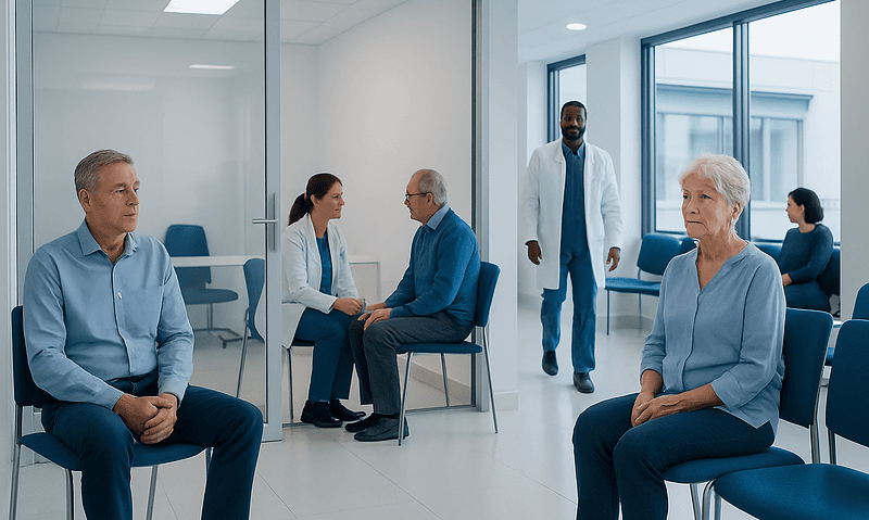 Patients waiting in a medical clinic for a dementia consultation.