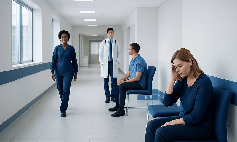 Patient experiencing headache in hospital corridor with medical staff nearby.