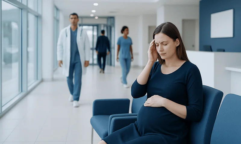 Pregnant woman experiencing headache in hospital corridor.