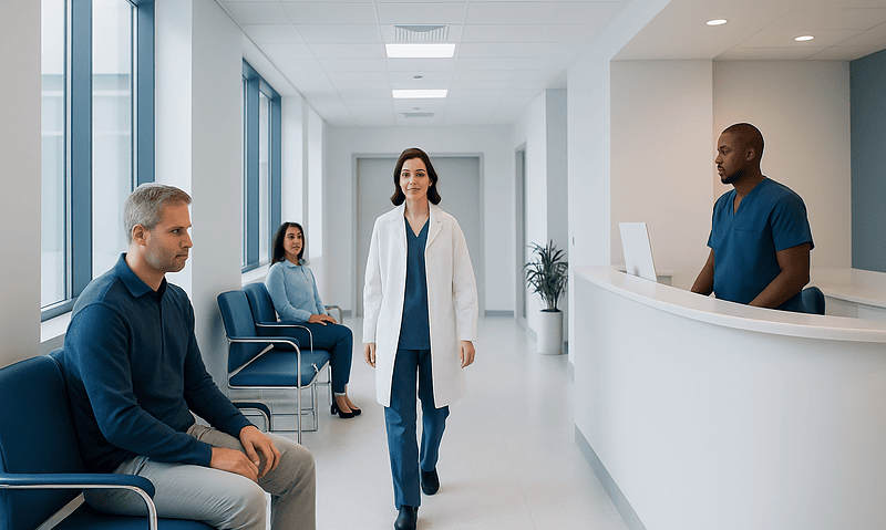 Health Library 18 Patients waiting in a modern hospital corridor with medical staff present.