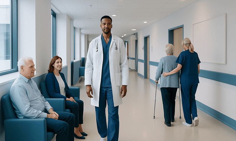 Healthcare professional walking in hospital corridor with elderly patients and visitors.