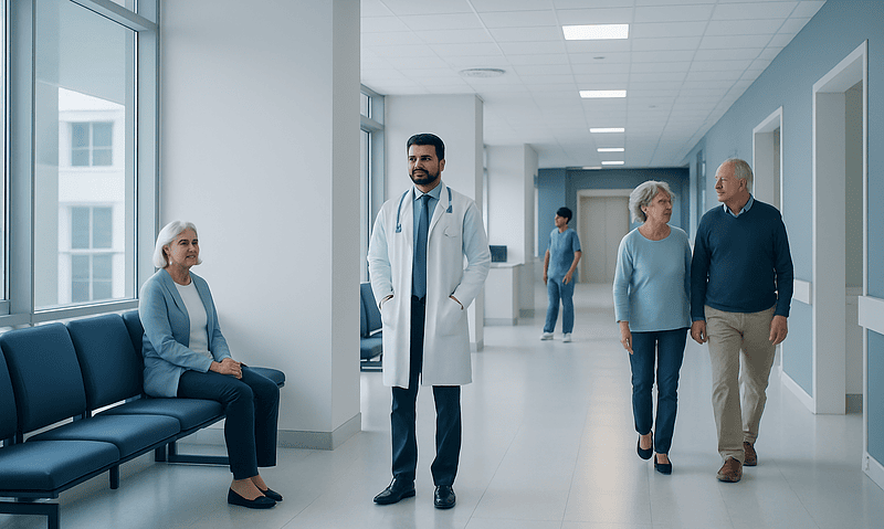 Healthcare professionals and patients in a modern hospital corridor.